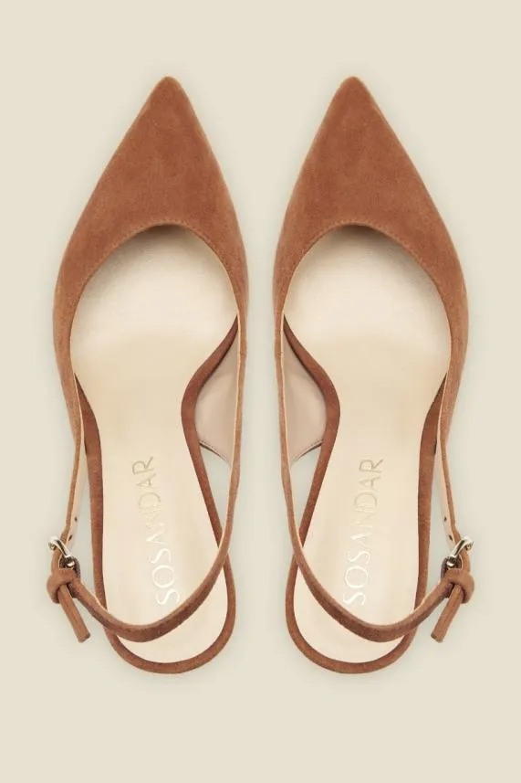 Sosandar Cara Cognac Suede Cone Heel Slingback Shoe Women Mid Heels