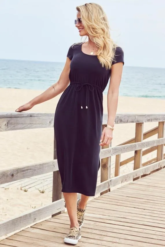 Sosandar Charcoal Grey Premium Jersey Tie Waist Midi Dress Charcoal Grey Women Dresses
