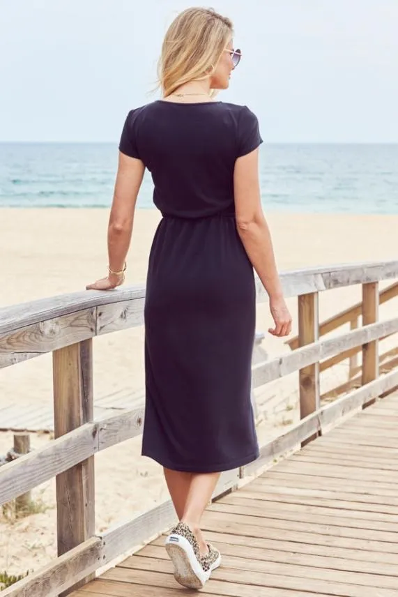 Sosandar Charcoal Grey Premium Jersey Tie Waist Midi Dress Charcoal Grey Women Dresses