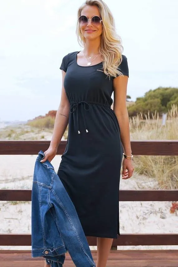 Sosandar Charcoal Grey Premium Jersey Tie Waist Midi Dress Charcoal Grey Women Dresses