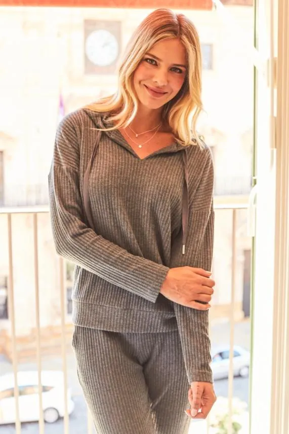 Sosandar Charcoal Grey Ribbed Super Soft Loungewear Hooded Top Charcoal Grey Women Loungewear