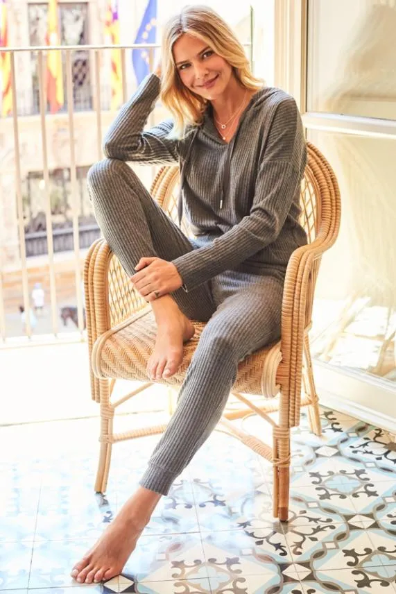 Sosandar Charcoal Grey Ribbed Super Soft Loungewear Hooded Top Charcoal Grey Women Loungewear