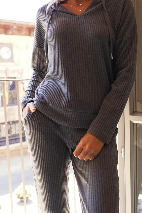 Sosandar Charcoal Grey Ribbed Super Soft Loungewear Hooded Top Charcoal Grey Women Loungewear