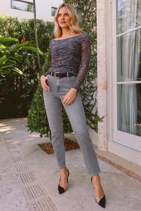 Sosandar Charcoal Grey Zebra Print Mesh Bardot Top Charcoal Grey Women Tops