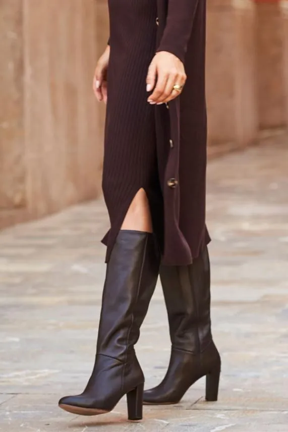 Sosandar Chocolate Brown Blake Leather Zip Knee High Boot Chocolate Brown Women Boots