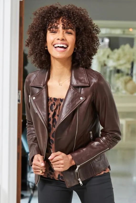 Sosandar Chocolate Brown Leather Biker Jacket Chocolate Brown Women Jackets and Coats