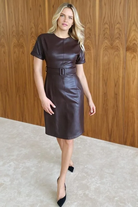 Sosandar Chocolate Faux Leather Belted Shift Dress Women Dresses