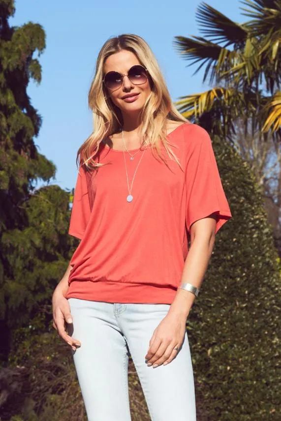 Sosandar Coral Red Relaxed Fit Jersey T Shirt Coral Red Women Tops