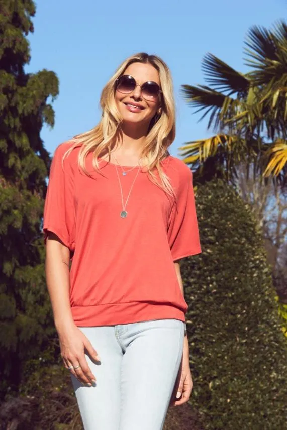 Sosandar Coral Red Relaxed Fit Jersey T Shirt Coral Red Women Tops