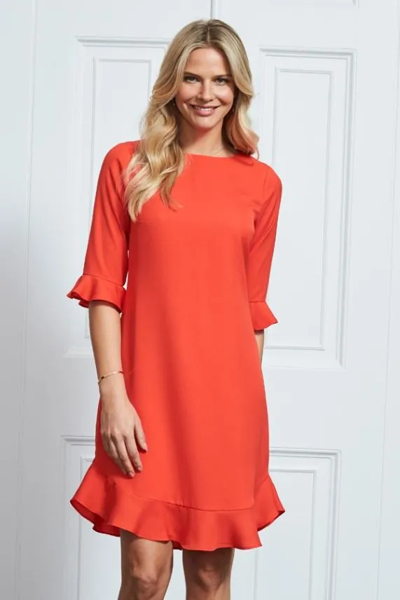 Sosandar Coral Red Ruffle Hem Shift Dress Coral Red Women Dresses