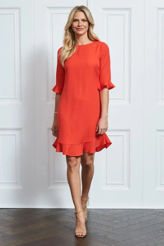 Sosandar Coral Red Ruffle Hem Shift Dress Coral Red Women Dresses