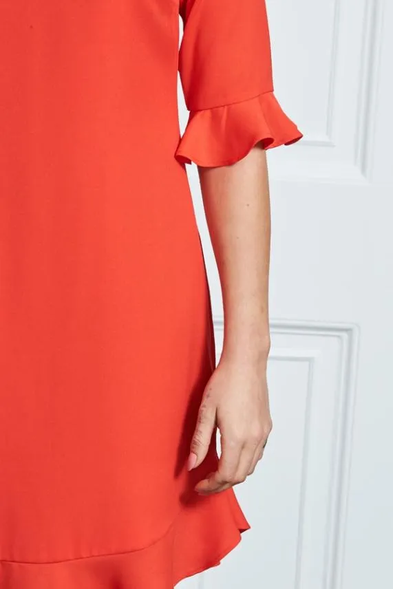 Sosandar Coral Red Ruffle Hem Shift Dress Coral Red Women Dresses