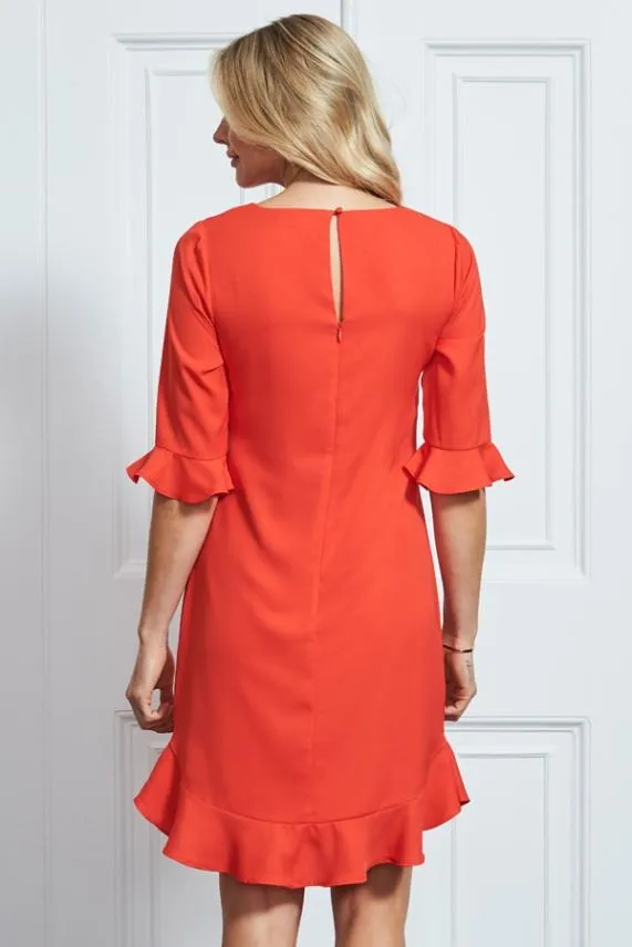 Sosandar Coral Red Ruffle Hem Shift Dress Coral Red Women Dresses