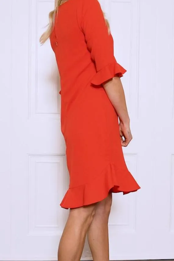 Sosandar Coral Red Ruffle Hem Shift Dress Coral Red Women Dresses