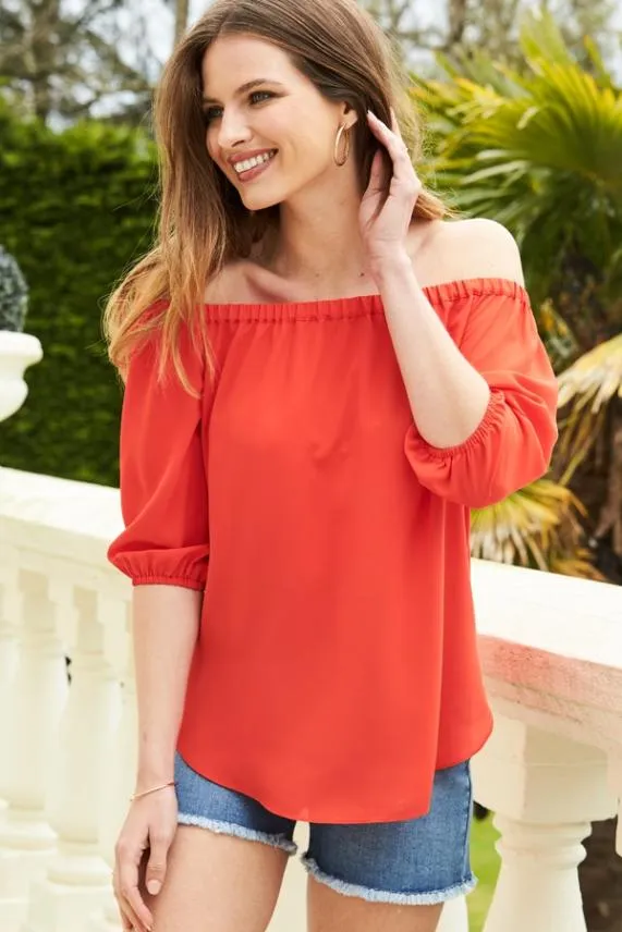 Sosandar Coral Tie Back Detail Bardot Top Coral Women Tops