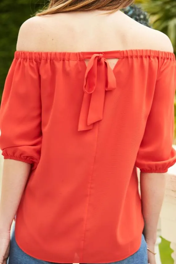 Sosandar Coral Tie Back Detail Bardot Top Coral Women Tops