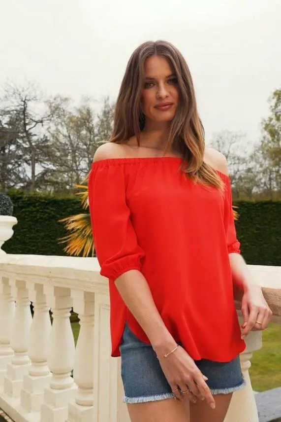 Sosandar Coral Tie Back Detail Bardot Top Coral Women Tops