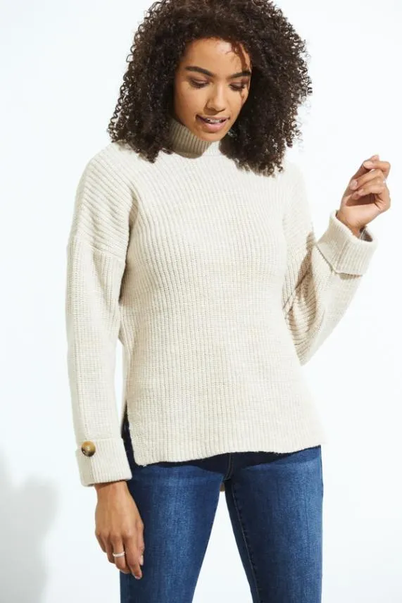 Sosandar Cream High Neck Folded Button Cuff Jumper Cream Women Knitwear