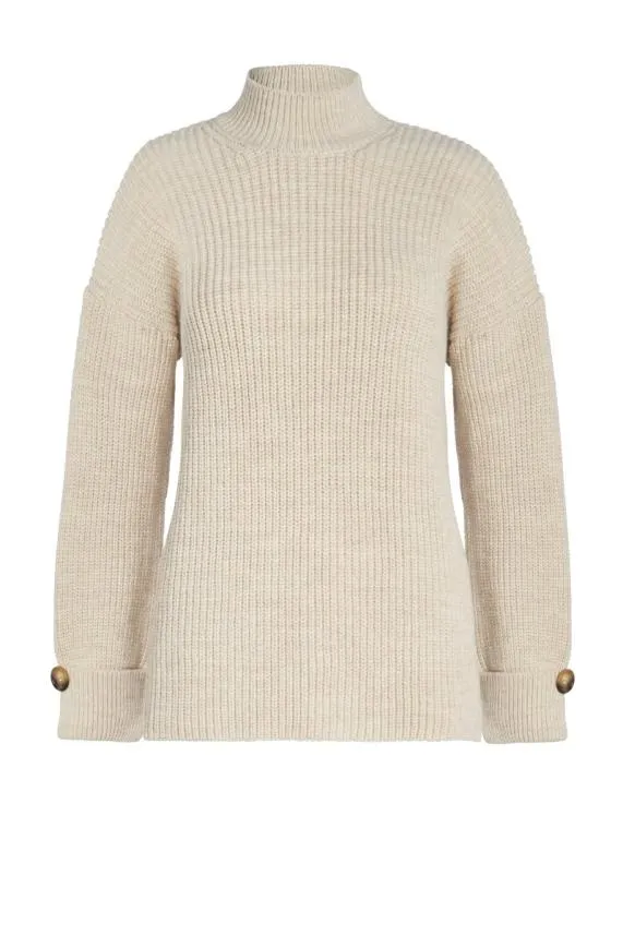 Sosandar Cream High Neck Folded Button Cuff Jumper Cream Women Knitwear