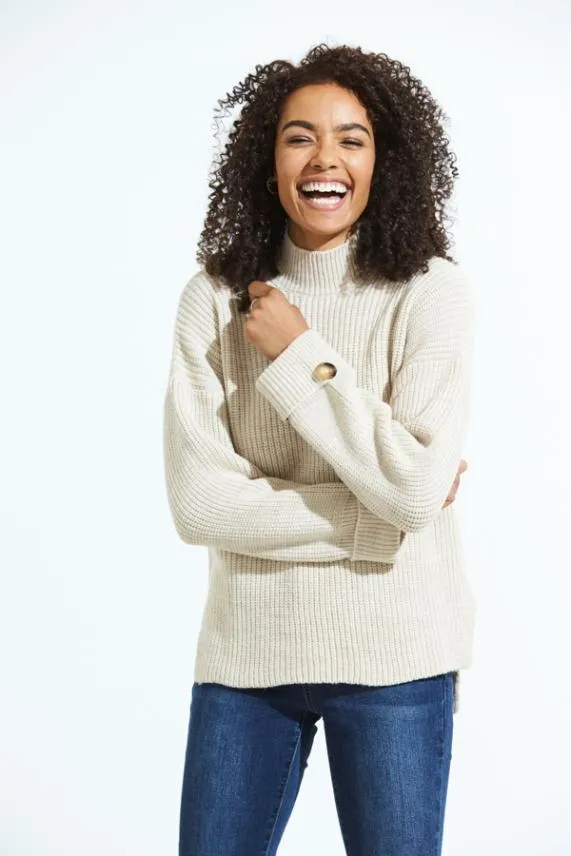 Sosandar Cream High Neck Folded Button Cuff Jumper Cream Women Knitwear