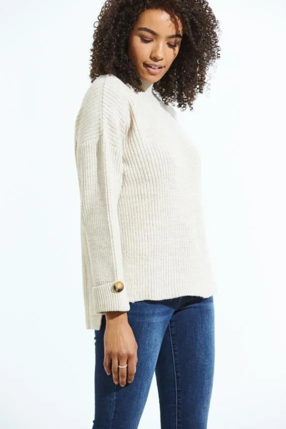 Sosandar Cream High Neck Folded Button Cuff Jumper Cream Women Knitwear