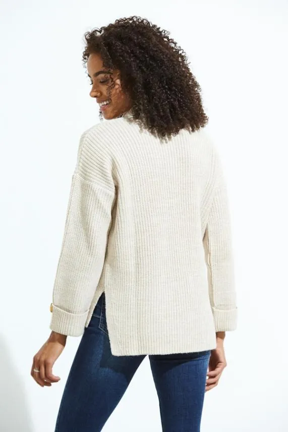 Sosandar Cream High Neck Folded Button Cuff Jumper Cream Women Knitwear