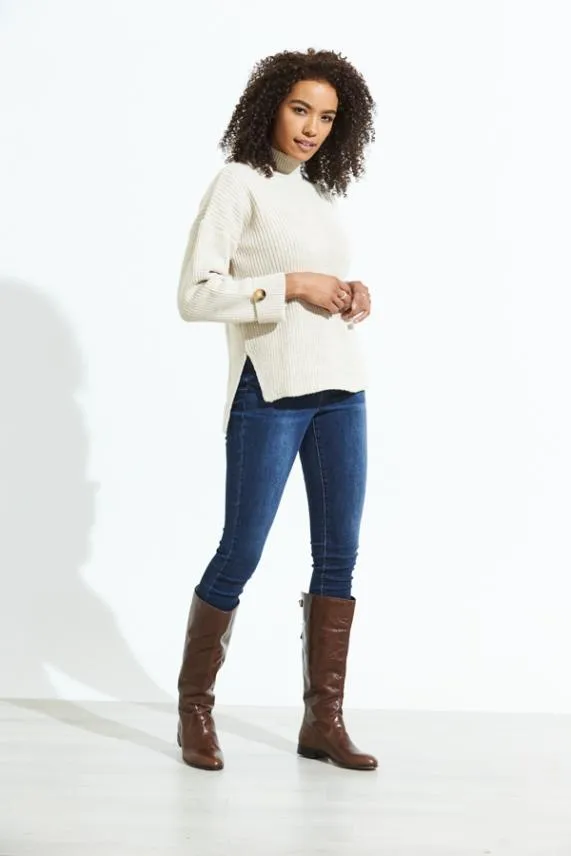 Sosandar Cream High Neck Folded Button Cuff Jumper Cream Women Knitwear