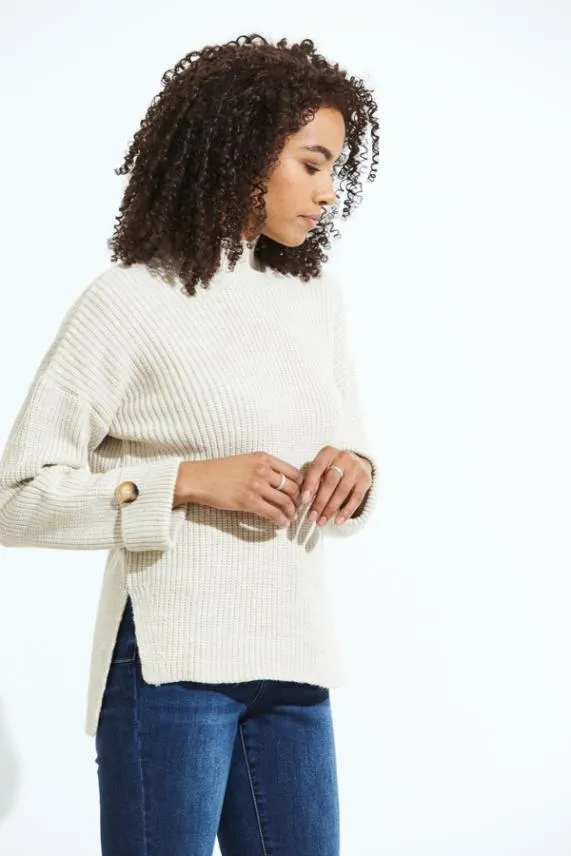 Sosandar Cream High Neck Folded Button Cuff Jumper Cream Women Knitwear