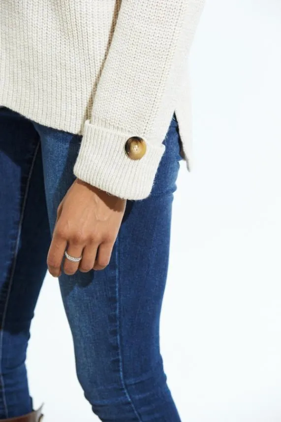 Sosandar Cream High Neck Folded Button Cuff Jumper Cream Women Knitwear