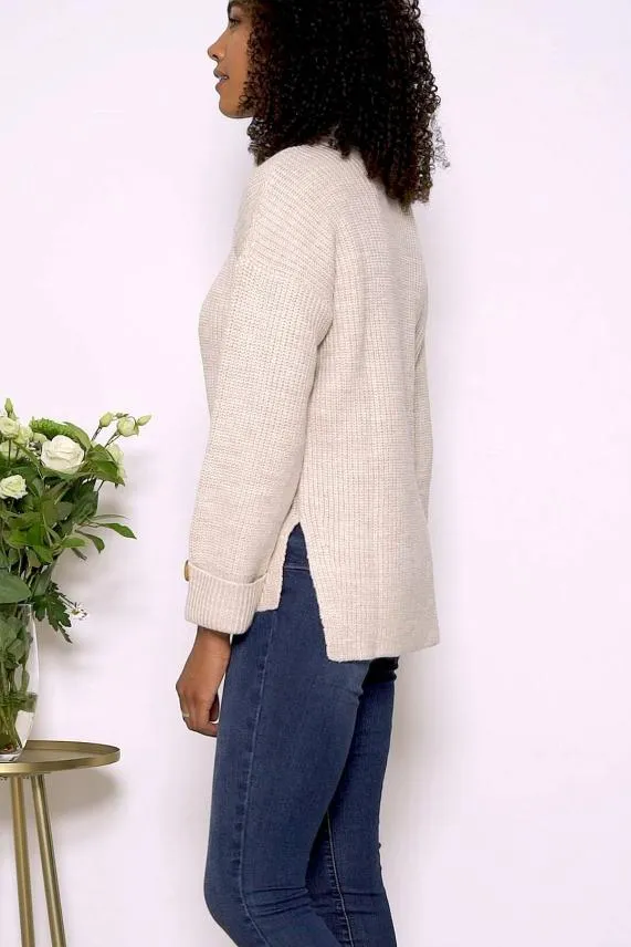 Sosandar Cream High Neck Folded Button Cuff Jumper Cream Women Knitwear