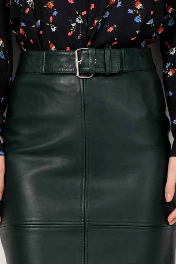 Sosandar Dark Green Leather Buckle Detail Pencil Skirt Dark Green Women Skirts