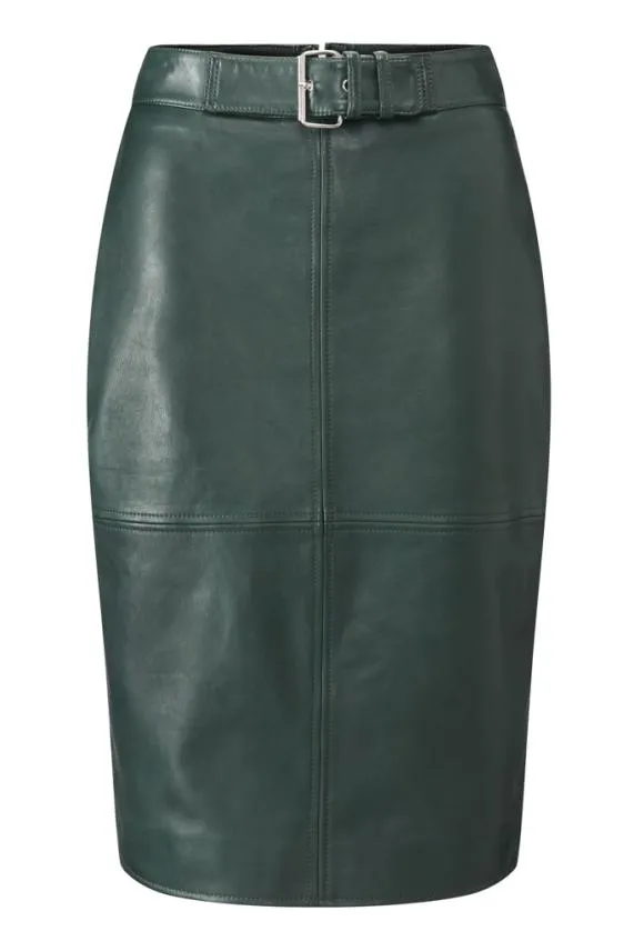 Sosandar Dark Green Leather Buckle Detail Pencil Skirt Dark Green Women Skirts