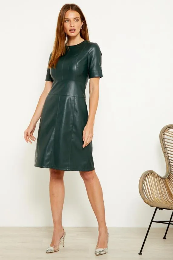 Sosandar Dark Green Leather Look Panelled Shift Dress Dark Green Women Dresses
