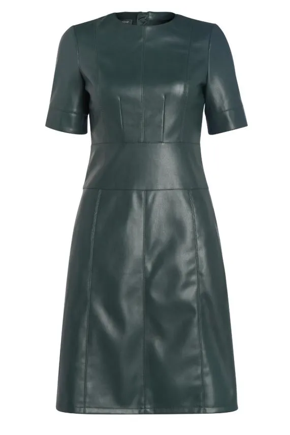 Sosandar Dark Green Leather Look Panelled Shift Dress Dark Green Women Dresses