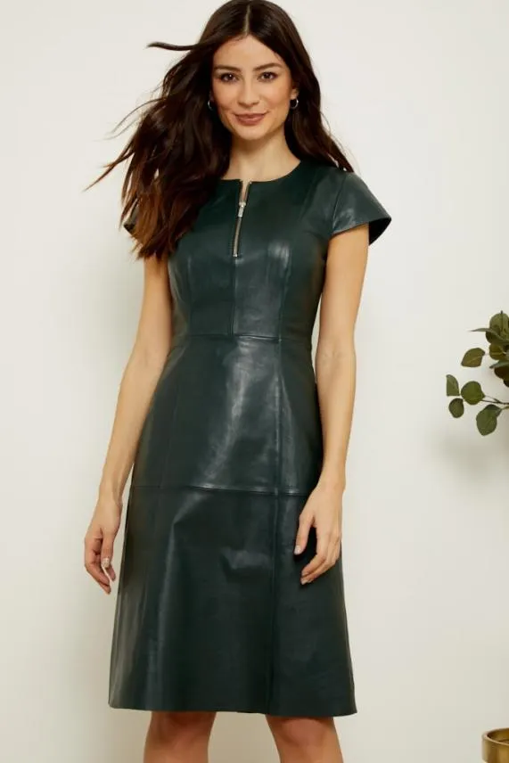 Sosandar Dark Green Leather Zip Front Fit and Flare Dress Dark Green Women Dresses Sosandar Dark Green Leather Zip Front Fit and Flare Dress Dark Green Women Dresses