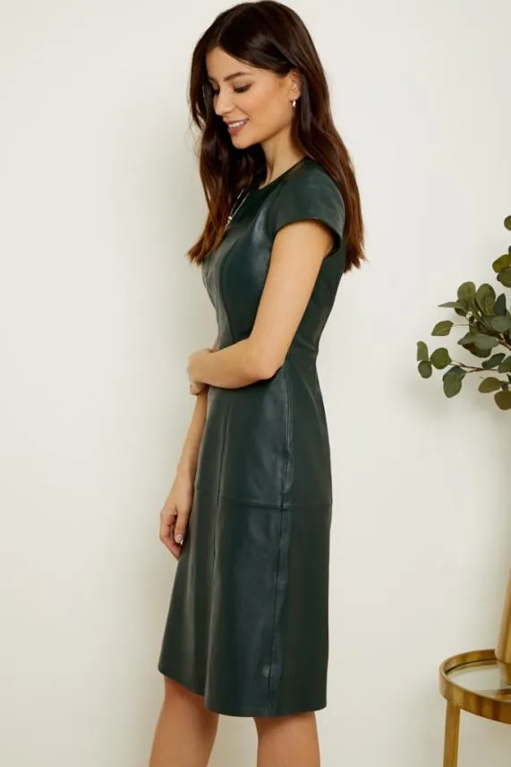 Sosandar Dark Green Leather Zip Front Fit and Flare Dress Dark Green Women Dresses