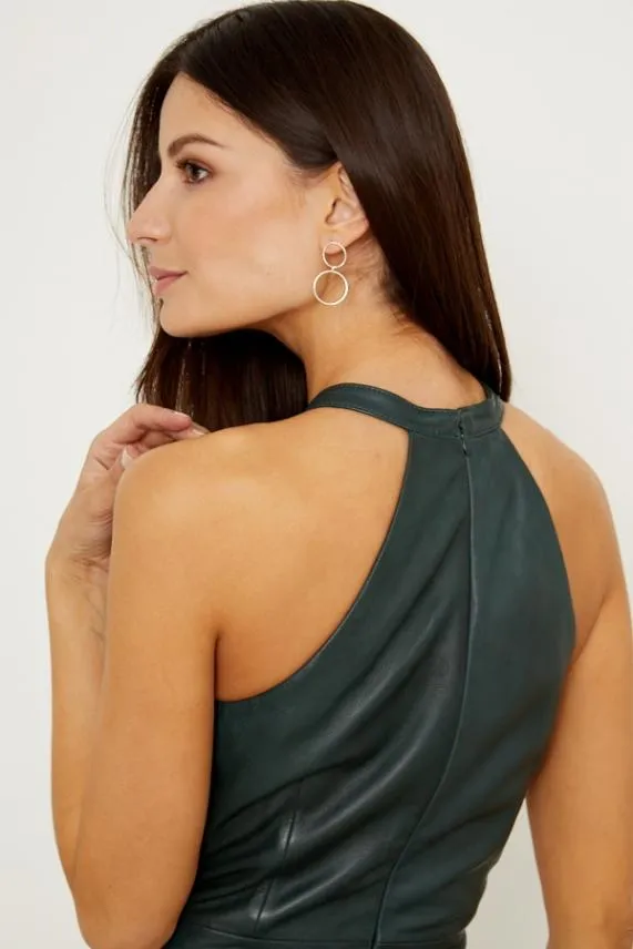 Sosandar Dark Green Premium Leather Halter Neck Dress Dark Green Women Dresses