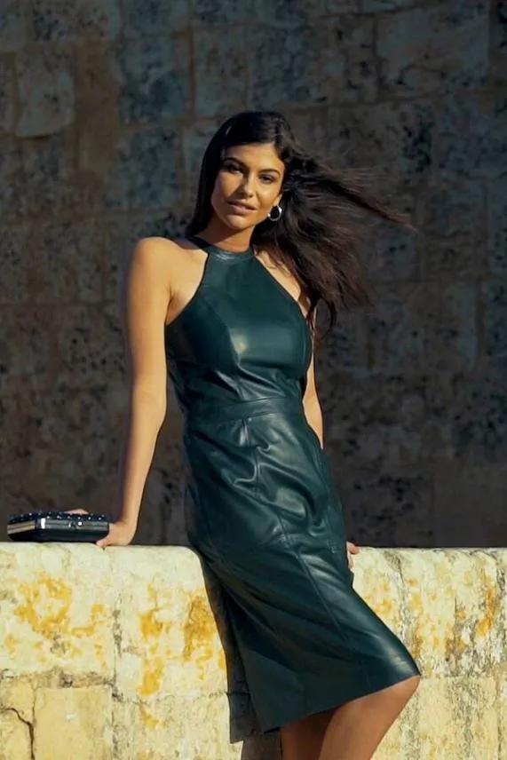 Sosandar Dark Green Premium Leather Halter Neck Dress Dark Green Women Dresses
