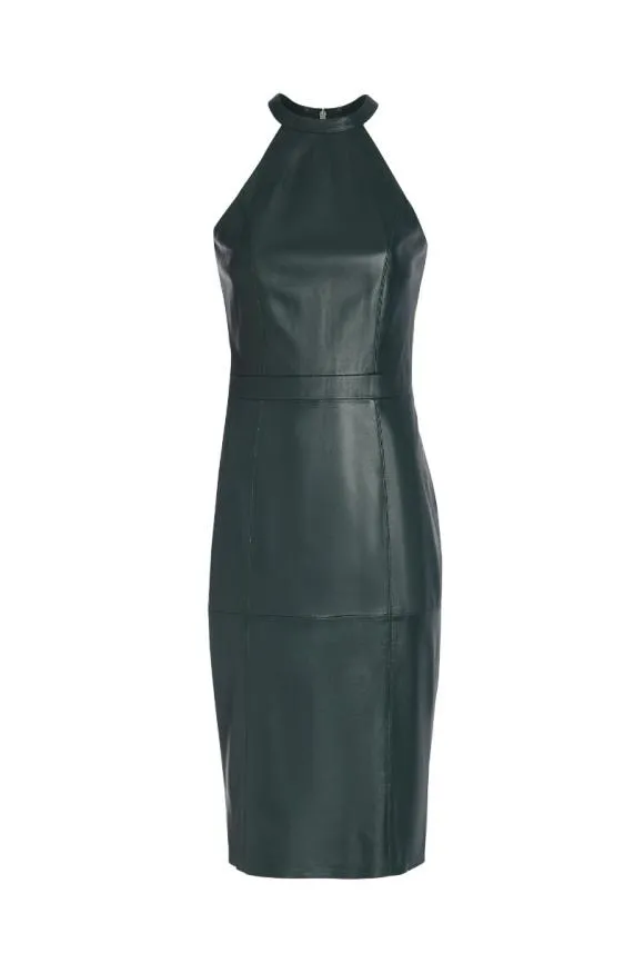 Sosandar Dark Green Premium Leather Halter Neck Dress Dark Green Women Dresses