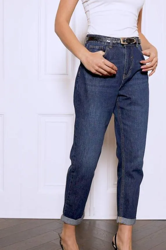 Sosandar Dark Indigo Girlfriend Jeans Dark Indigo Women Jeans and Jeggings