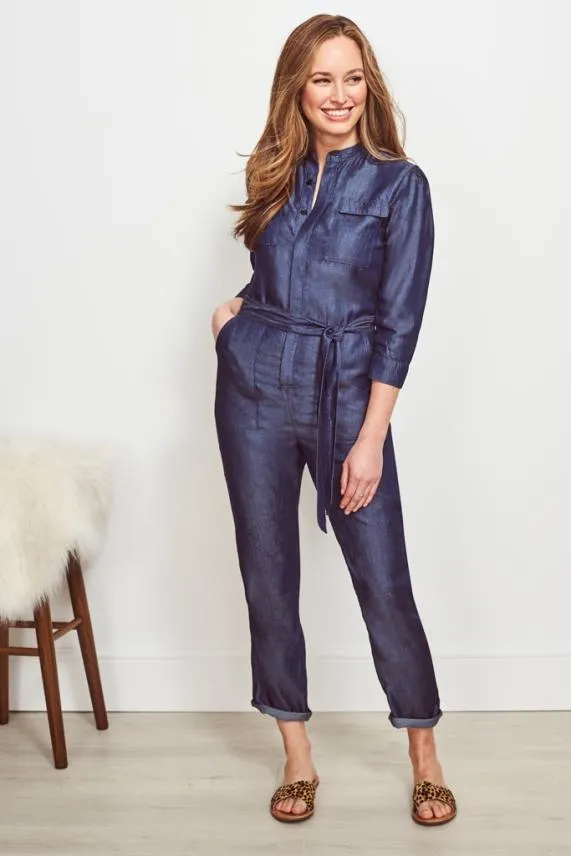 Sosandar Dark Indigo Tie Waist Tencel Denim Jumpsuit Dark Indigo Women Jumpsuits and Playsuits