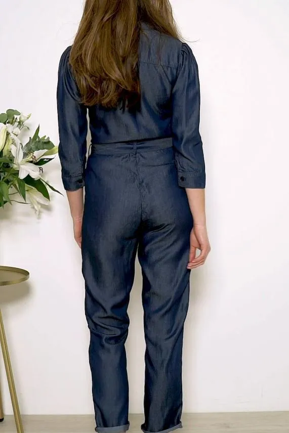 Sosandar Dark Indigo Tie Waist Tencel Denim Jumpsuit Dark Indigo Women Jumpsuits and Playsuits