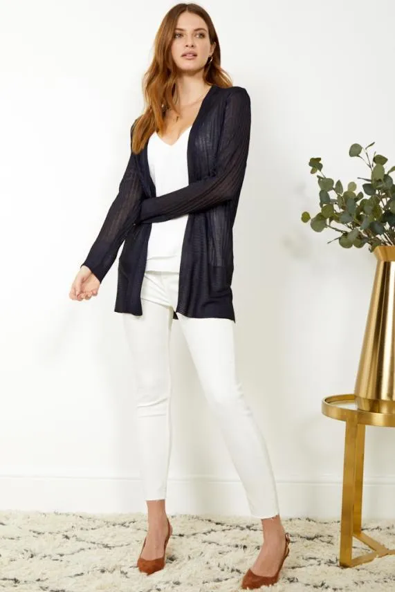 Sosandar Dark Navy Fine Knit Ribbed Longline Cardigan Dark Navy Women Knitwear