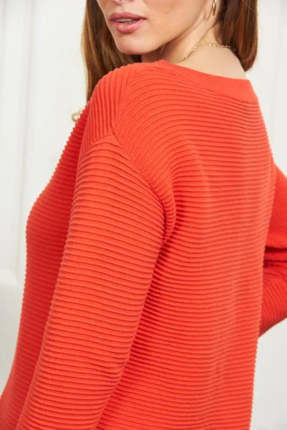 Sosandar Deep Coral Ribbed Side Split Longline Jumper Women Knitwear