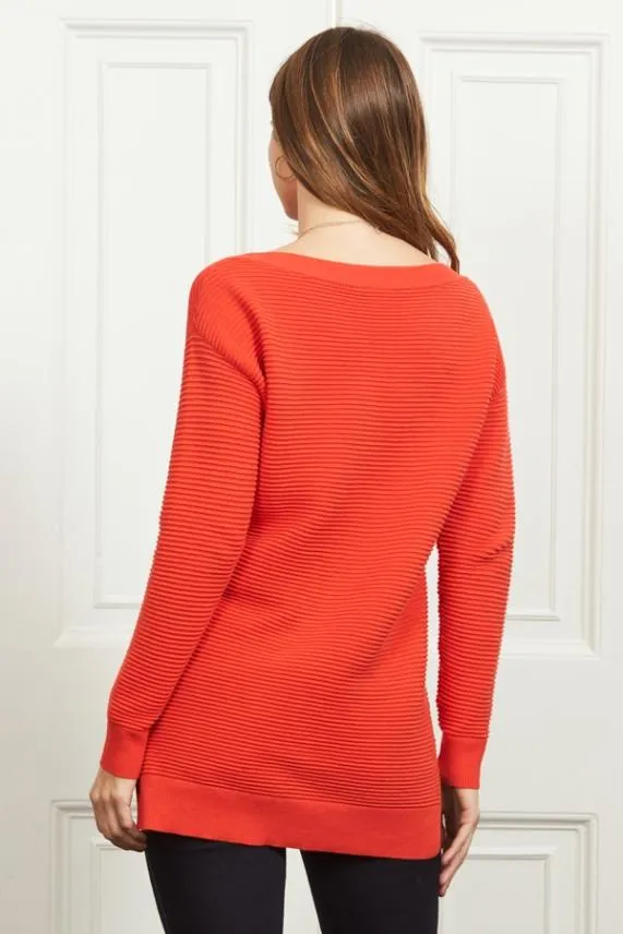 Sosandar Deep Coral Ribbed Side Split Longline Jumper Women Knitwear