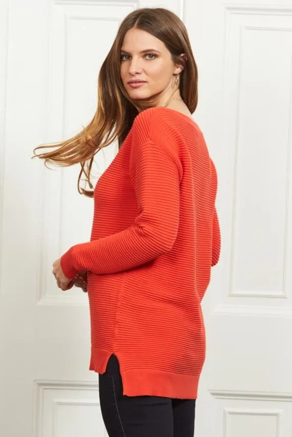 Sosandar Deep Coral Ribbed Side Split Longline Jumper Women Knitwear