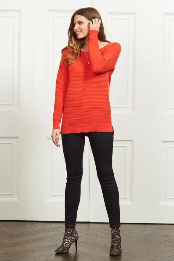 Sosandar Deep Coral Ribbed Side Split Longline Jumper Women Knitwear