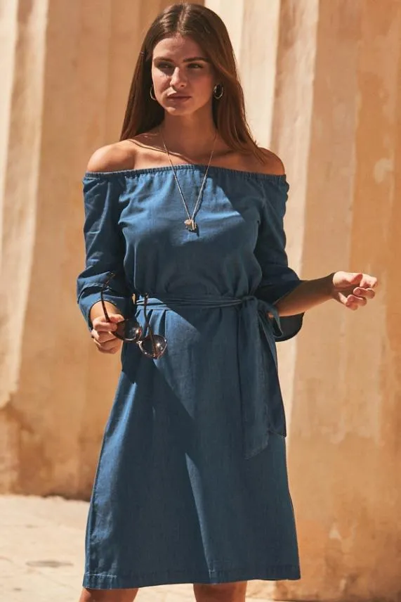 Sosandar Denim Look Ruffle Sleeve Bardot Dress Women Dresses