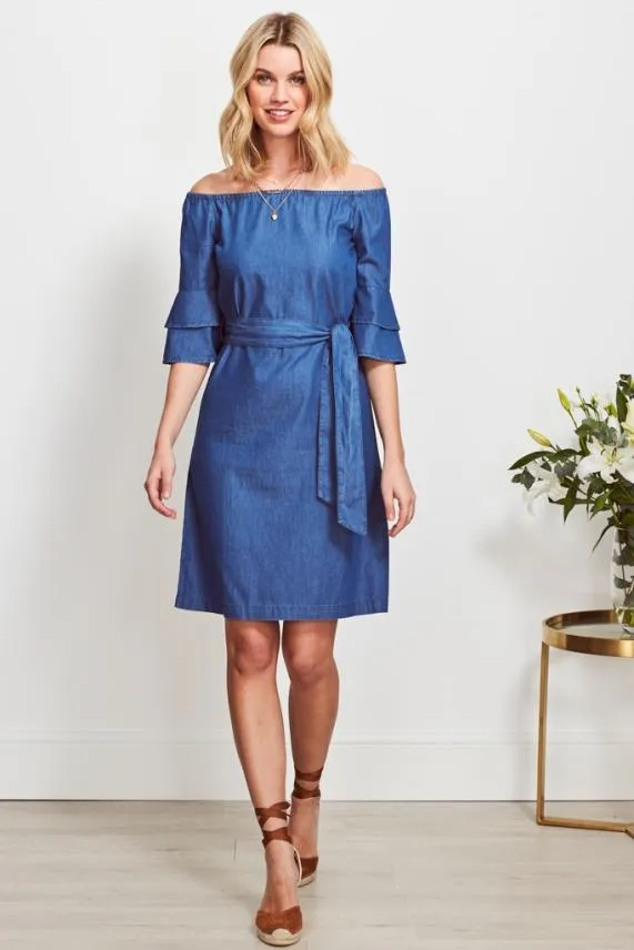 Sosandar Denim Look Ruffle Sleeve Bardot Dress Women Dresses