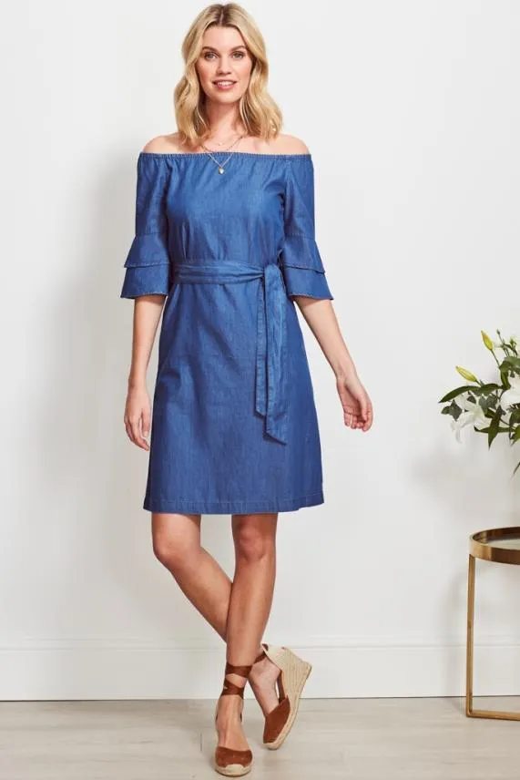 Sosandar Denim Look Ruffle Sleeve Bardot Dress Women Dresses